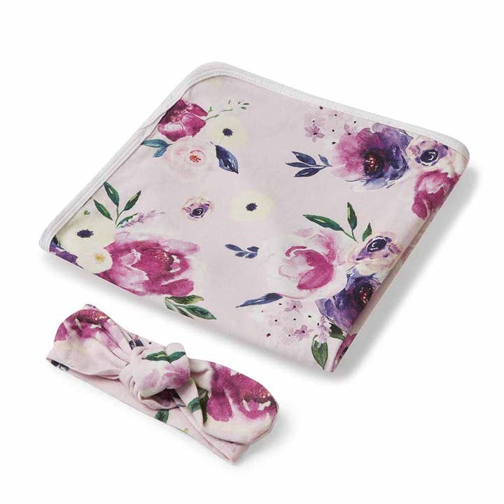 Snuggle Hunny - Wholesale Swaddle Set - Baby - Floral Kiss Baby Jersey Wrap & Topknot Set