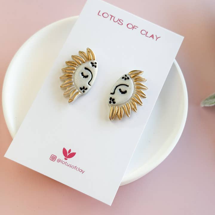Lotus of clay - Wholesale Stud/Post Earrings - Sun statement stud earrings, handmade celestial sun studs 1