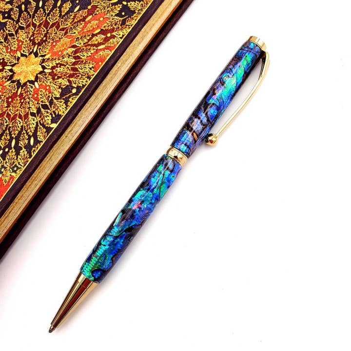 Bolígrafo Nelson Abalone Shell Slimline Titanium Gold Twist para venta al por mayor de Woodnotch