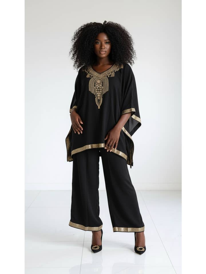 India Batik - Wholesale Kaftan - Women's - kaftan Palazzo Set Black And Gold - kP056