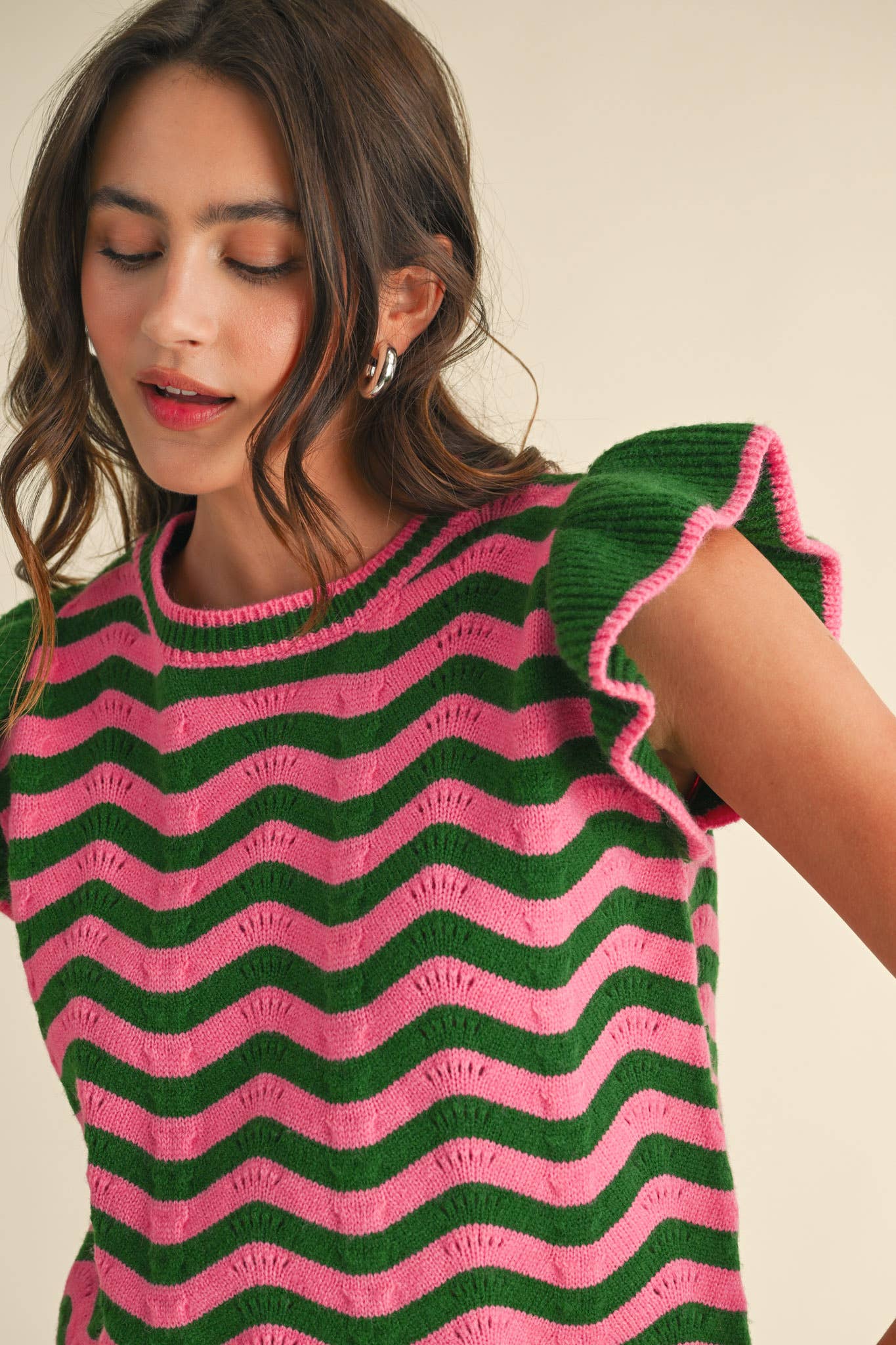 &MERCI - Wholesale Knit Sweater - Women's - WAVY STRIPES FLUTTER SLEEVE SWEATER TOP MSW1050931