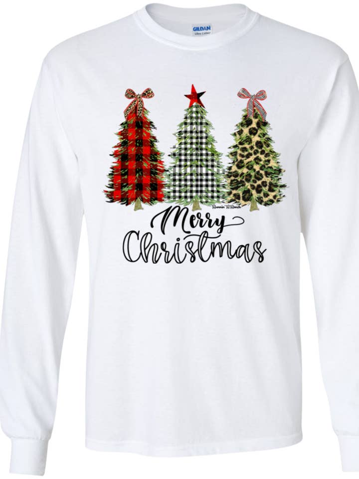 Merry Christmas Printed Christmas Trees Long Sleeve Youth Tee for wholesale by Runnin' R Ranch