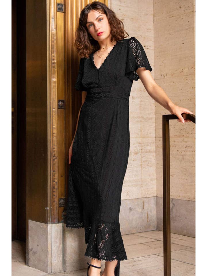 Black Bonnie Crochet Knit Midi Dress Lining Short Sleeves for wholesale on Faire1