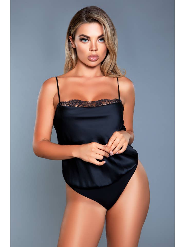 Black Be Wicked Sexy Satin Cowl Neck Bodysuit Teddy BW2077 for wholesale on Faire