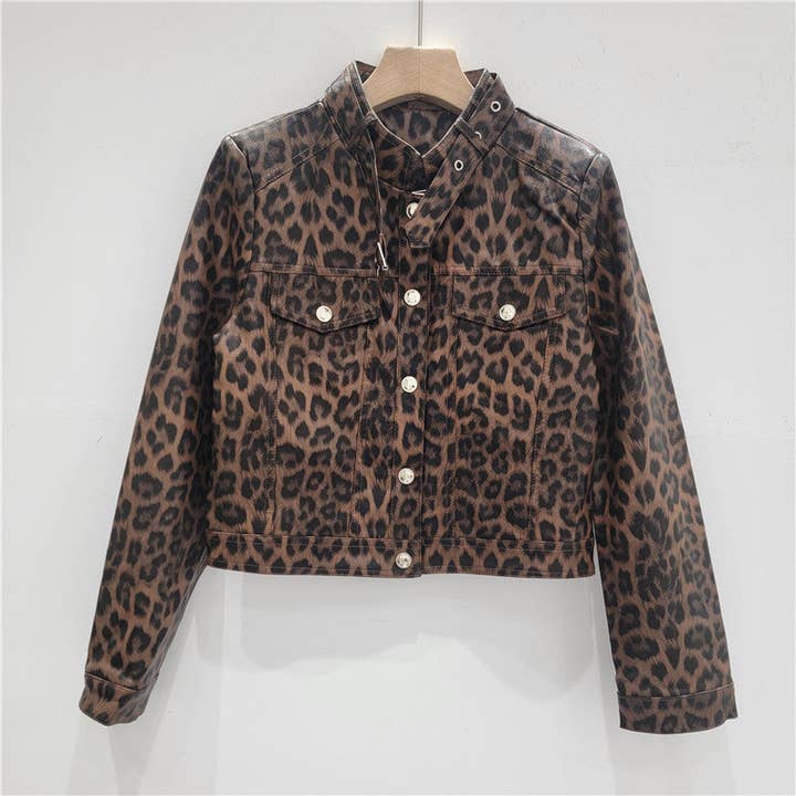 Sanyao Fashion - Wholesale Leather Jacket - Women's - M293 Cropped Leopard PU Moto Jacket for Women 2025