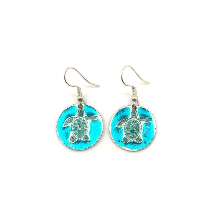 Anju Jewelry - Wholesale Dangle Earrings - Pewter Earrings with Color Enamel - Teal/Aqua Tortoise