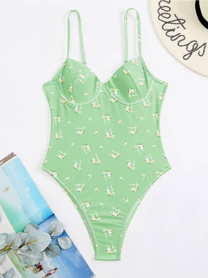 Green Strap Floral Underwired One-Piece Swimsuit for wholesale on Faire
