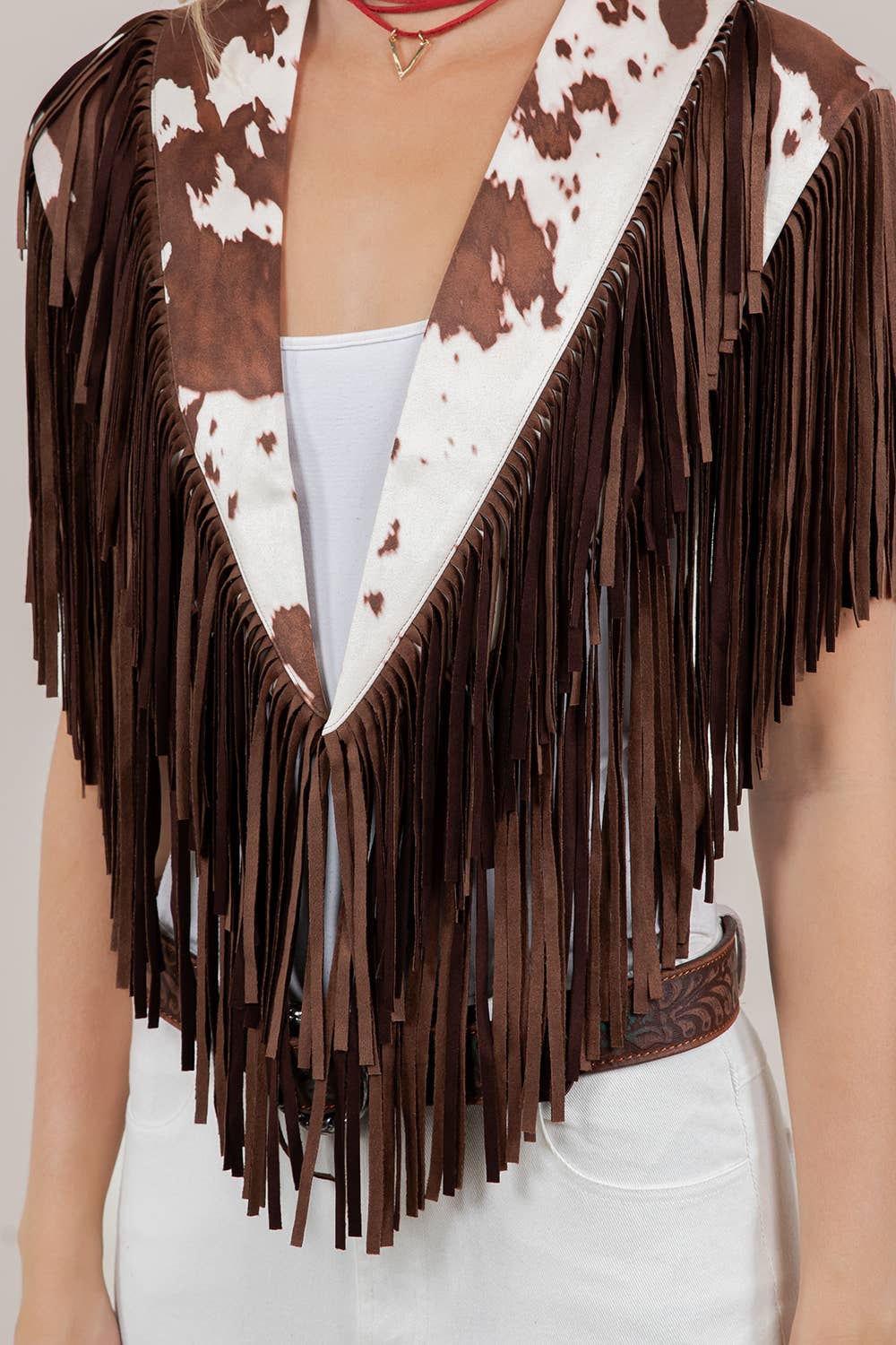 Saints & Hearts - Wholesale Outerwear Vest - Women's - SIJ5247B COW PRNT TRENDY WESTERN FRINGE SUEDE COLLAR / SHRUG3