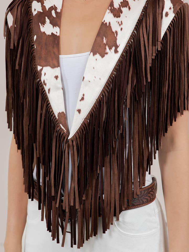 Saints & Hearts - Wholesale Outerwear Vest - Women's - SIJ5247B COW PRNT TRENDY WESTERN FRINGE SUEDE COLLAR / SHRUG3