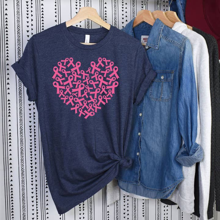 Pink Ribbon Heart Navy Tee for wholesale by Simply Tees