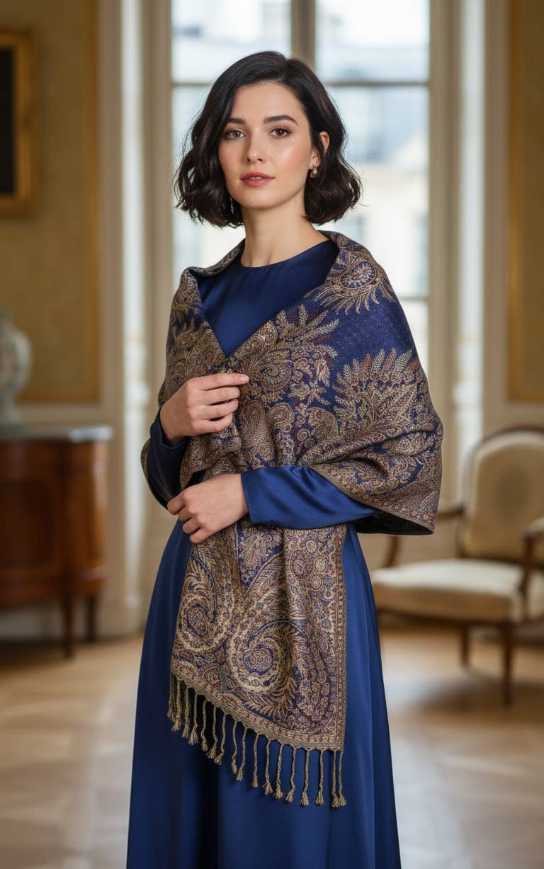 SERENITA – wholesale Halsduk - Dam – Stor paisley pashmina-sjal med tvåsidigt mönster och fransar8