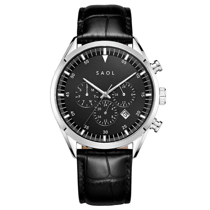 SAOL Watches - Wholesale Wrist Watch - Men's - Chronograph 43 - Men's Luxury Watch - Silver | Black w/blck leather