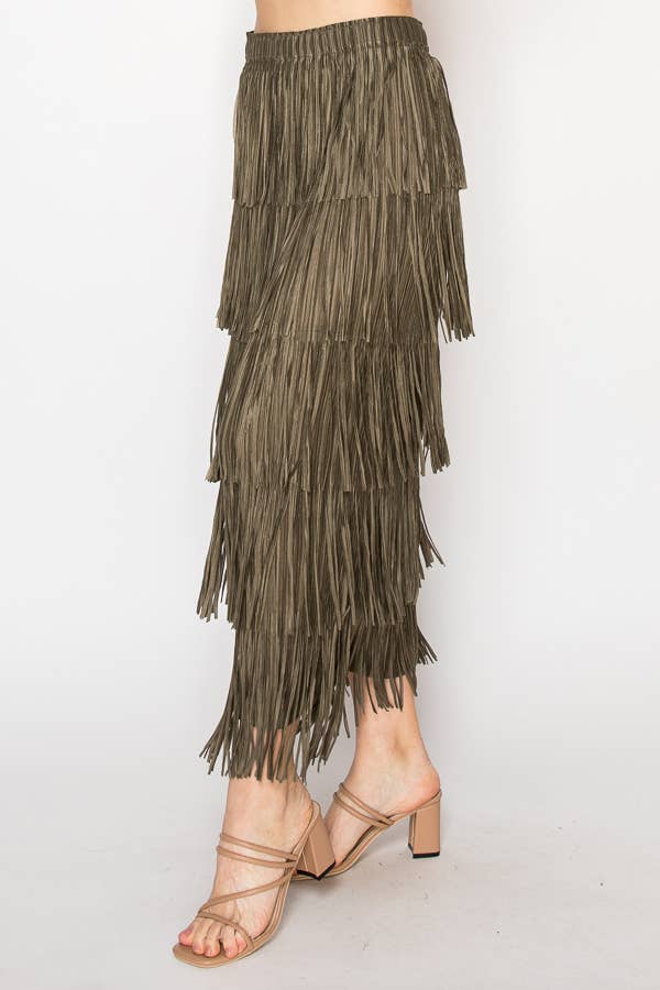 OLIVE Layered Fringe Tiered Maxi Skirt - 4794OLIVE for wholesale on Faire2