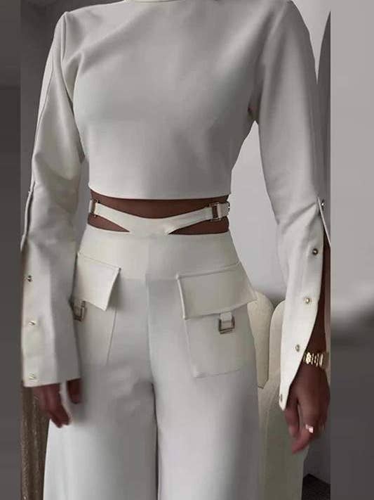 high neck top wide leg pants set for wholesale by Queen Fashion