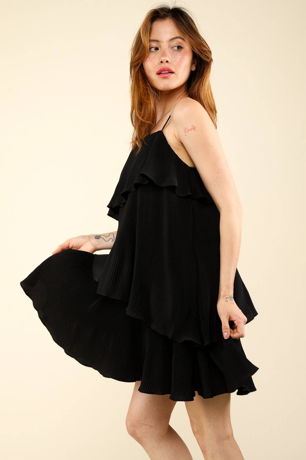 VERY J - Wholesale Dress - Women's - ND31222-Sleeveless Pleats Asymmetrical Tiered Mini Dress6