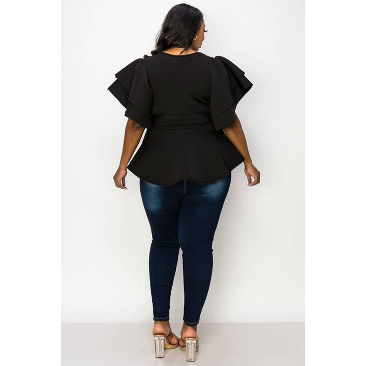 DORCAS - Wholesale Blouse - Women's - PLUS SHORT RUFFLE SLEEVE V NECK TOP WITH WAIST TIE