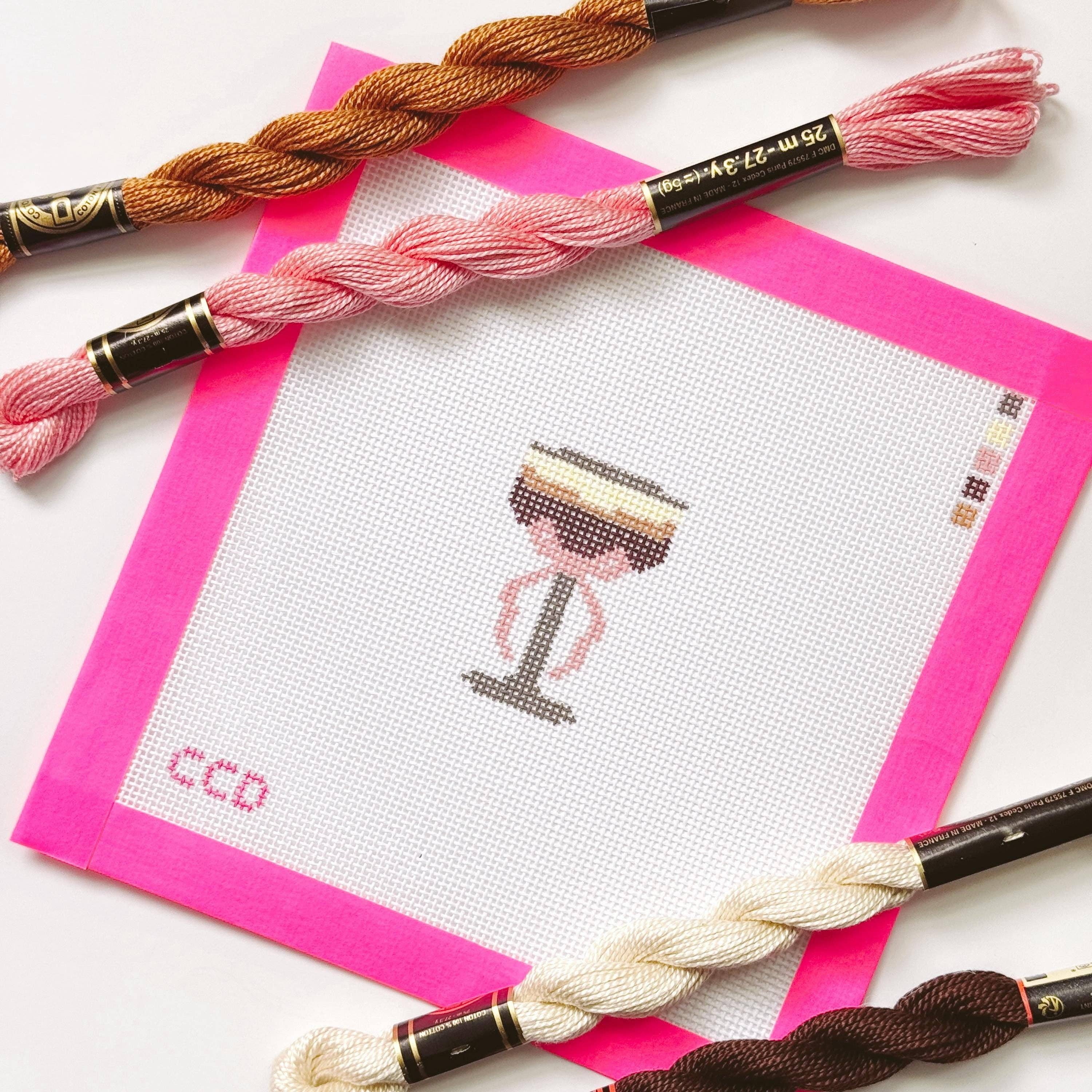 Cotswold Co Designs - Wholesale Embroidery/Cross Stitch Supplies - Hand Painted Espresso Martini 2” Needepoint Canvas 18 Mesh Coquette Needlepoint Canvas Cocktail Hand Painted5