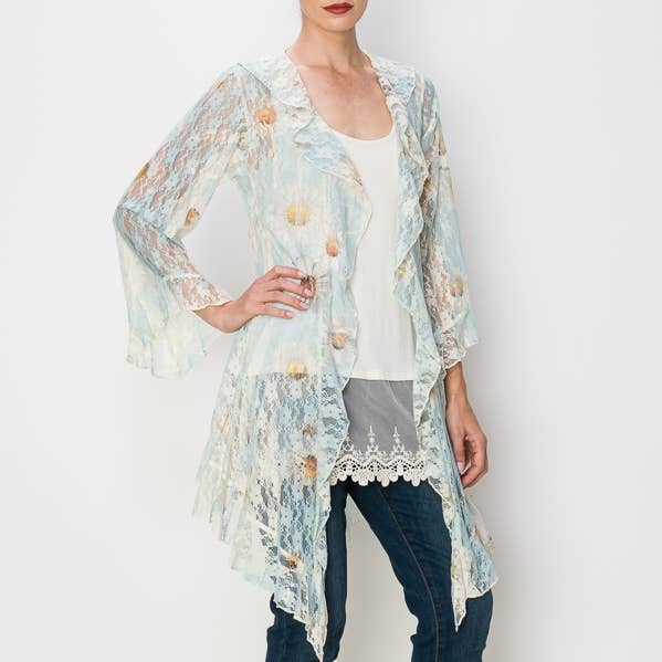 ALL LACE CARDIGAN WITH RUFFLES -4495 BG/BLUE DAISY for wholesale by Origami Apparel ~ Lace and Crochet inspired
