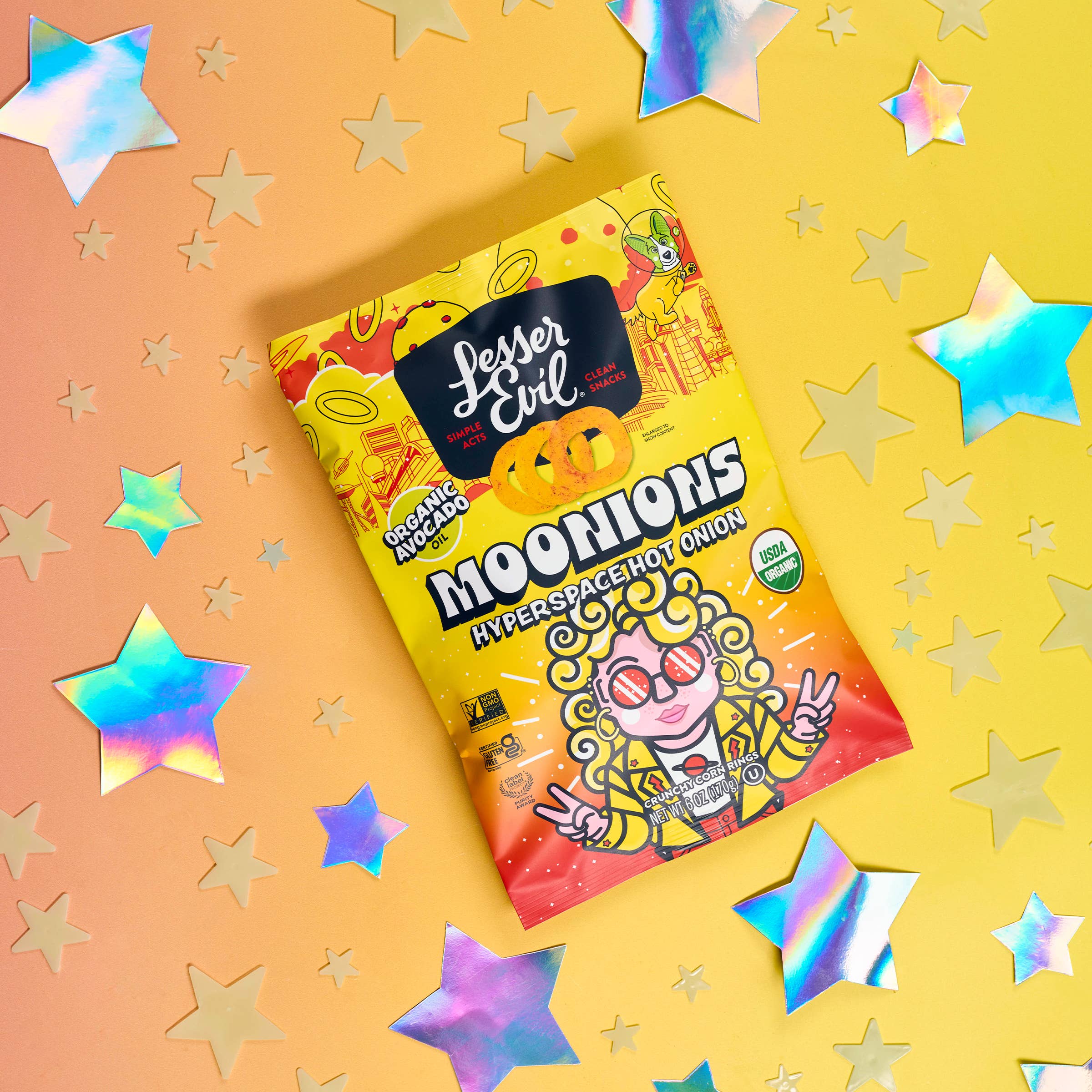 LesserEvil - Wholesale Puffed Snack - Moonions, Hyperspace Hot Onion 6oz3