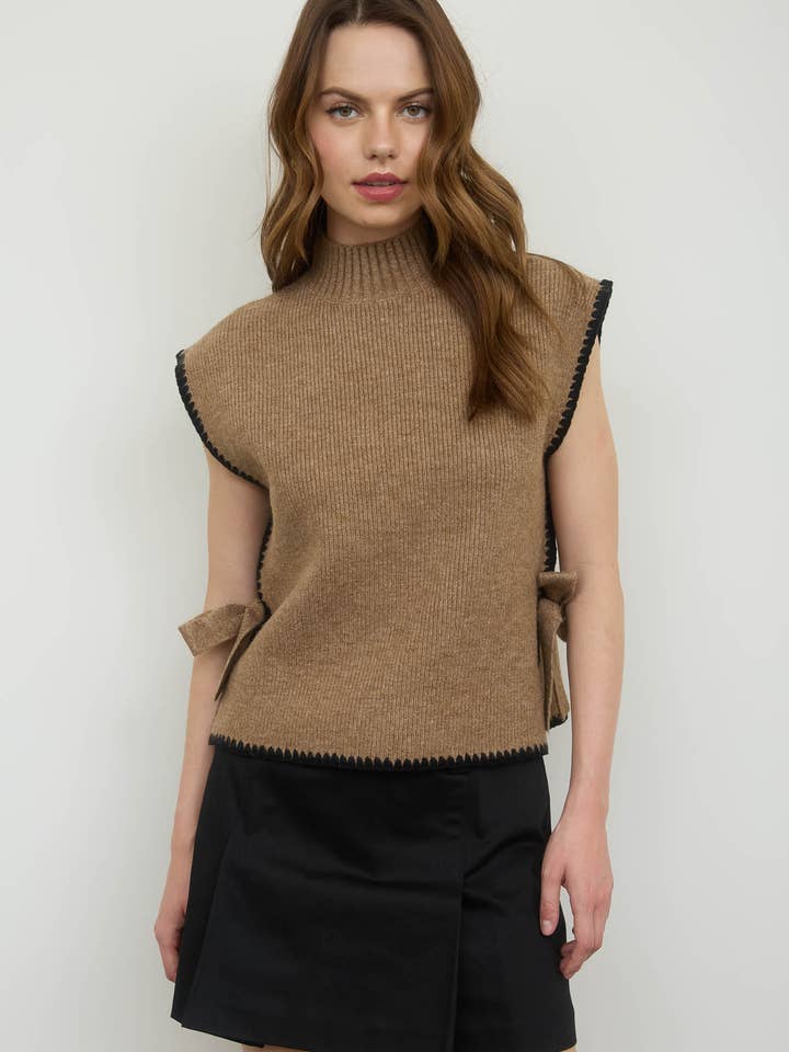 Blu Pepper - Wholesale Knit Sweater - Women's - MOCK NECK CONTRAST STITCH SIDE TIE SWEATER TOP 6
