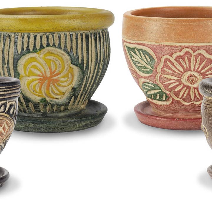 Carved Thai Pot W/Attached Saucer - Case/8 for wholesale by Ceramo Pottery