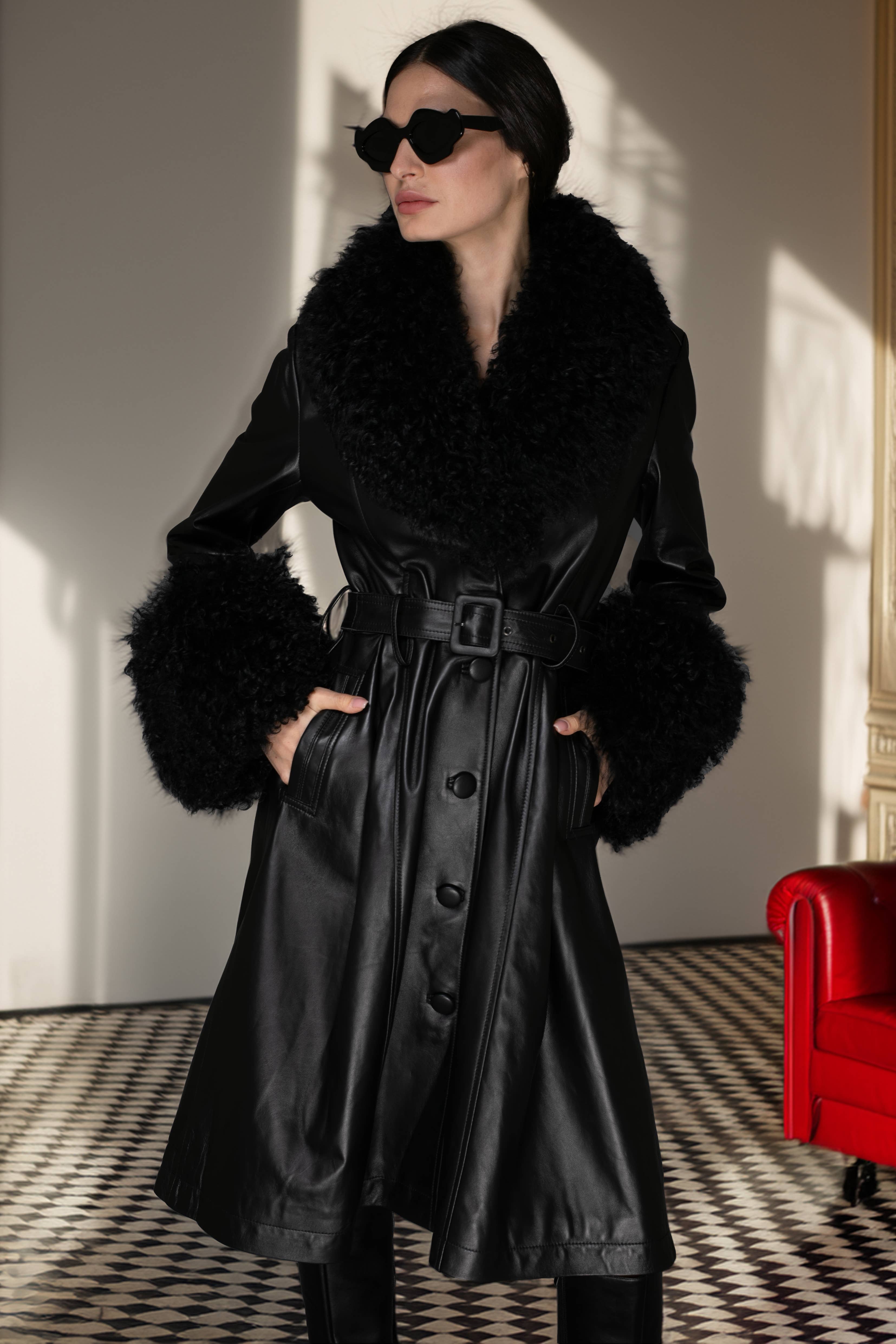 Black Italian Leather & Mongolian Accent Trench Coat  for wholesale on Faire3