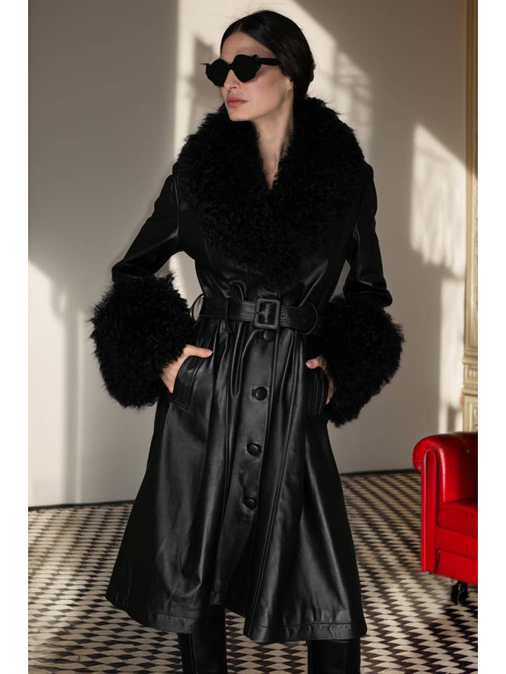 Black Italian Leather & Mongolian Accent Trench Coat for wholesale on Faire3
