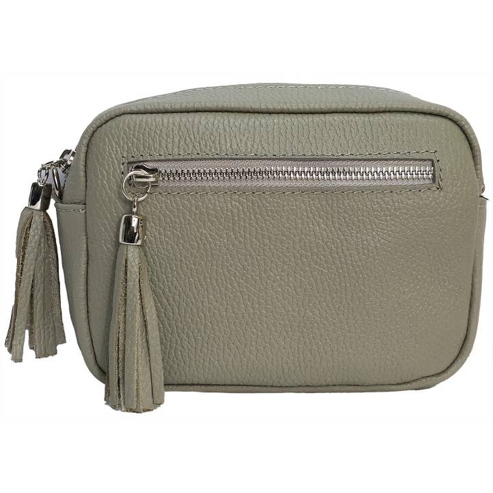 Italian Leather Ladies Crossbody Camera Style Bag Light Grey for wholesale by Strathurie