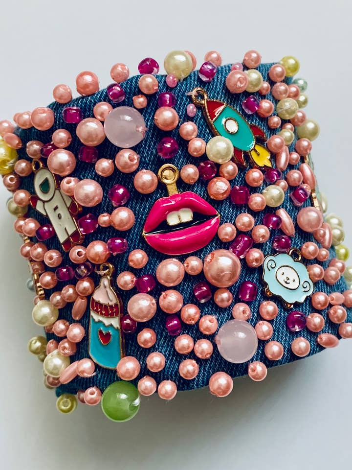 COLORS Hand-Embellished Denim Bracelet with Charms & Pearls for wholesale by GARELL