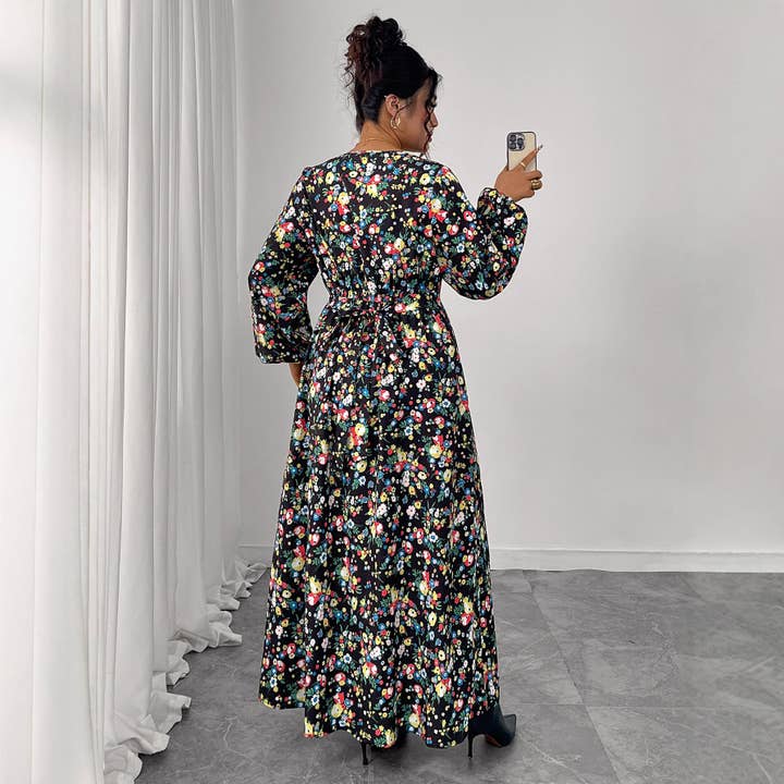 Black Women V Neck High Waist Flowy Dress with Puff Sleeves for wholesale on Faire5