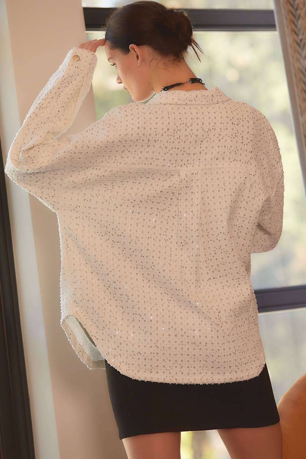 WHITE Sequin Glitter Oversize Denim Shacket for wholesale on Faire1