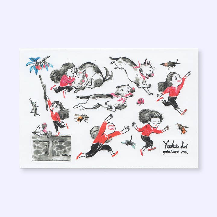 Girl and Dog Die Cut Waterproof Set Sticker for wholesale by Yuke Li Studio