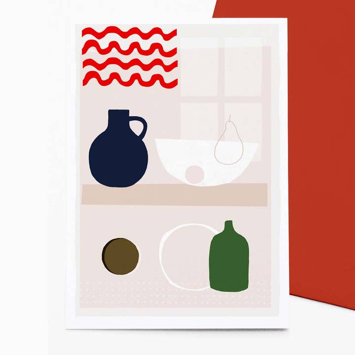 Red Curtains modernist greetings card for wholesale by Francesca Iannaccone