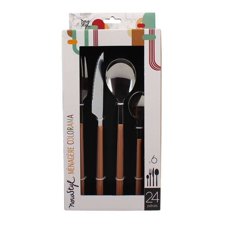 Novastyl - Venta al por mayor Juego de cubiertos - Juego de cubiertos Colorama de acero inoxidable color avellana de 24 piezas