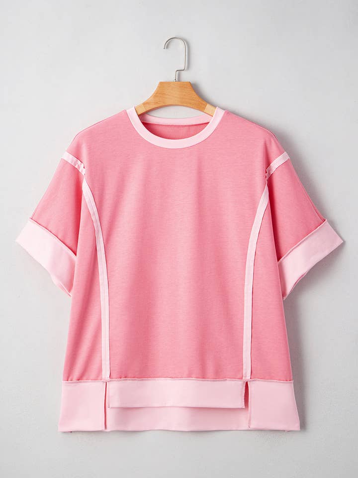 Peach Blossom Two Tones Patchwork Half Sleeve Plus Size T Shirt for wholesale on Faire2