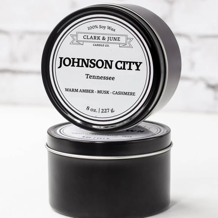 Johnson City |Warm Amber - Musk - Cashmere 8oz Soy Candle for wholesale by Clark & June Candle Co.