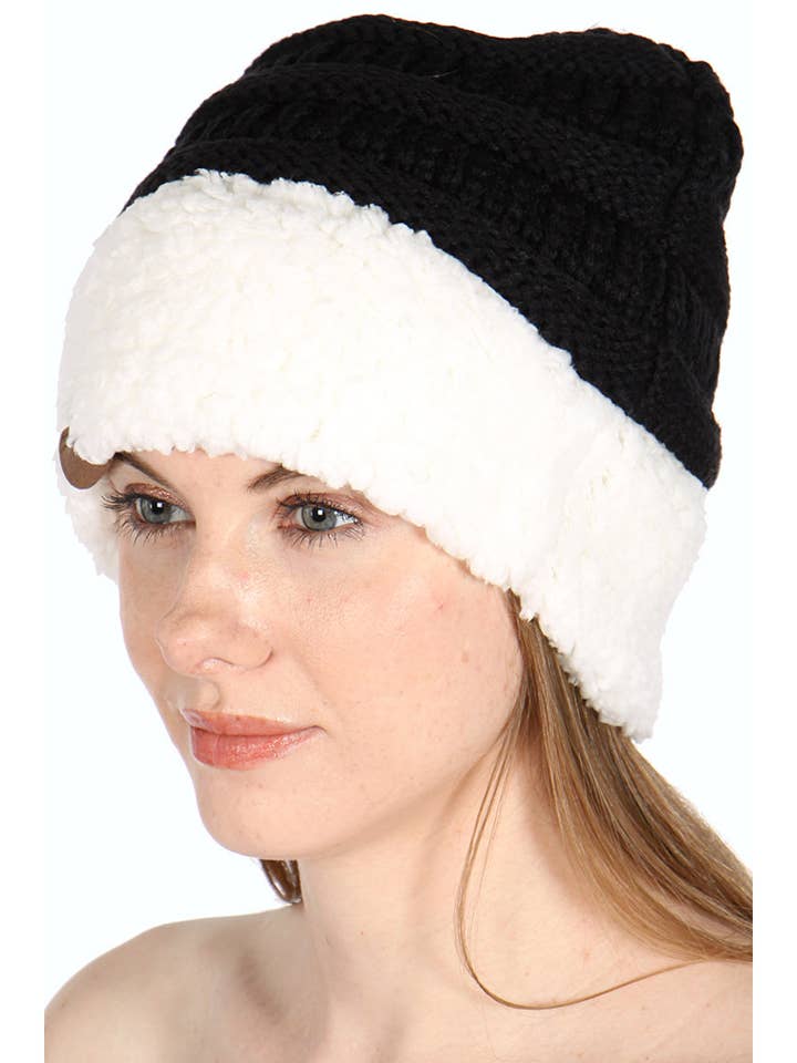 Sherpa Fleece Cuff Cable knit warm beanie hat 40210 for wholesale by SERENITA