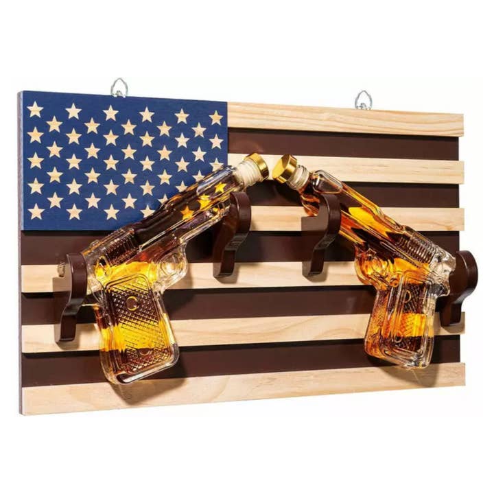 Pistol Whiskey Decanter Set of 2 300ml On American Flag Wall for wholesale by The Wine Savant / Khen Glassware