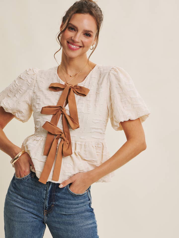 ORIGINAL BESTSELLER BUBBLE BABYDOLL BLOUSE WITH CONTRAST BOW for wholesale by in february