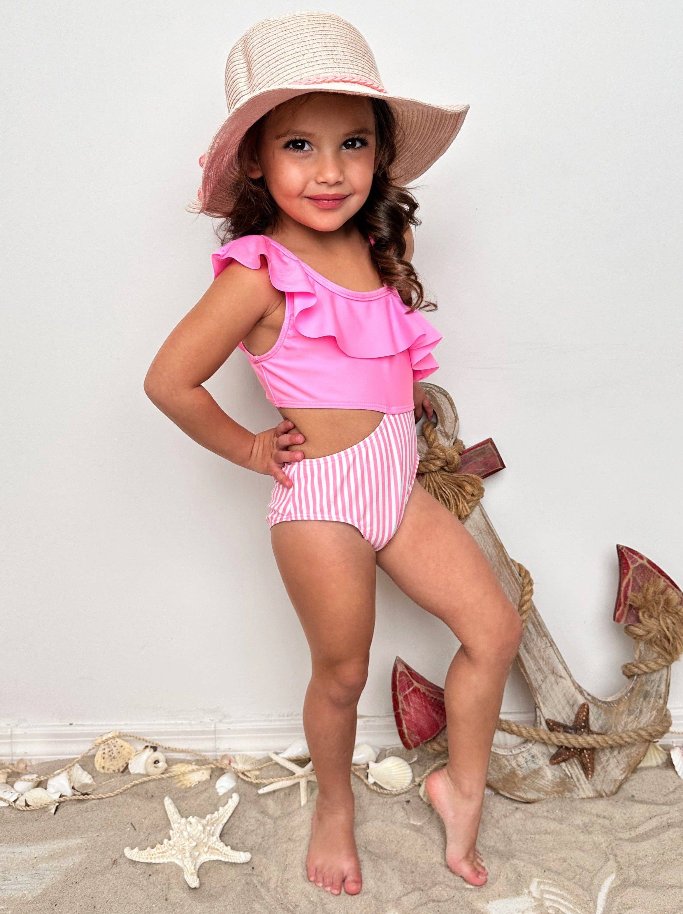 Pink Swimsuit w/ Stripe Details, Cut-Outs, & Ruffles for wholesale on Faire7