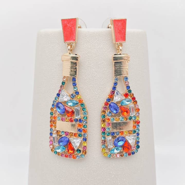 Mio Queena - Wholesale Dangle Earrings - Colored Rhinestone Wine Bottle Shape Earrings