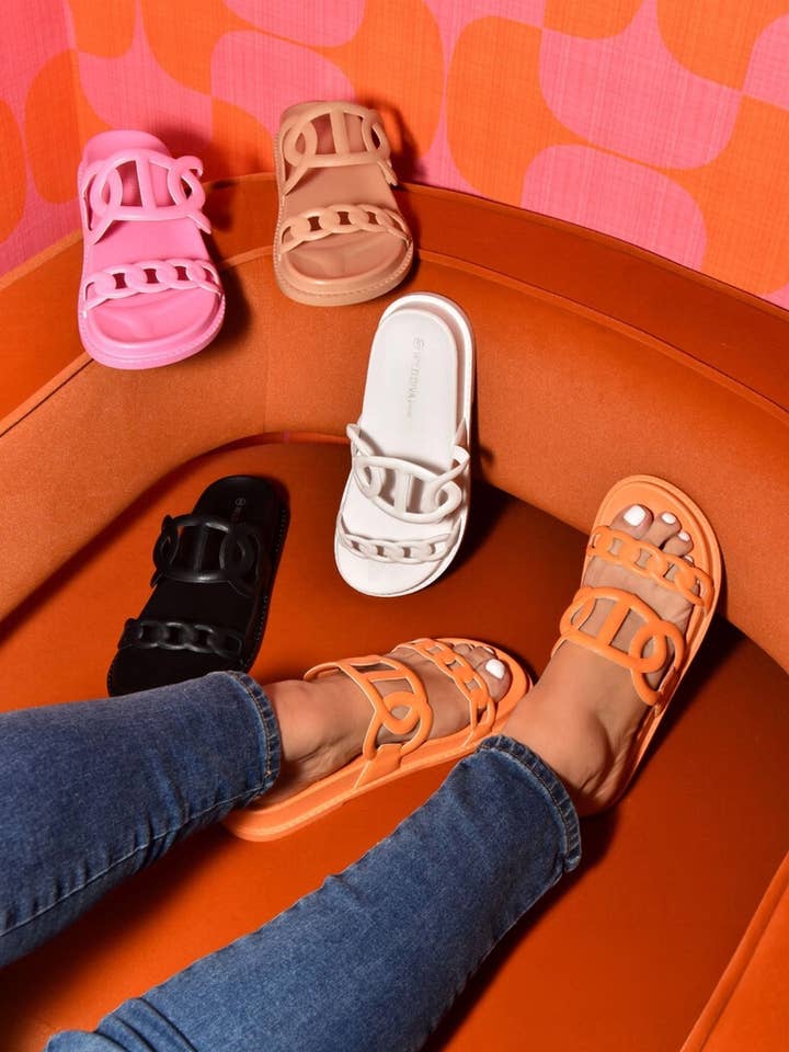 AYO CHAIN MOTIF DESIGN DOUBLE STRAP SLIP ON SANDALS for wholesale by CCOCCI