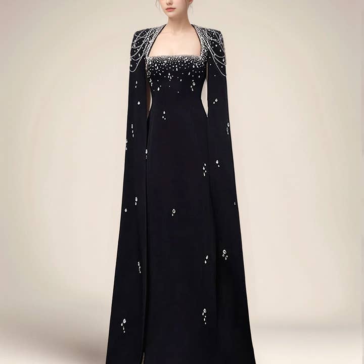 DR388Y Hand-beaded Chain Shawl Sleeve Floor-length Dress for wholesale by Productseeker