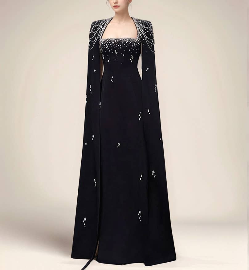 Productseeker - Wholesale Gown – Women's - DR388Y Hand-beaded Chain Shawl Sleeve Floor-length Dress
