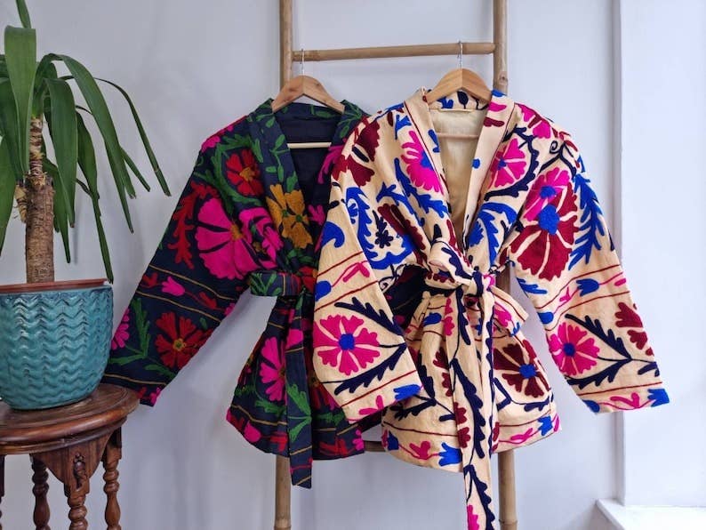 Essential Designs London – wholesale Jacket – Women's – Suzani Hand Embroidered Short Jacket | Autumn Boho Uzbek Kashmir Crewel | Christmas Special Gift | Classic Beige Pink Teal Turquoise |0