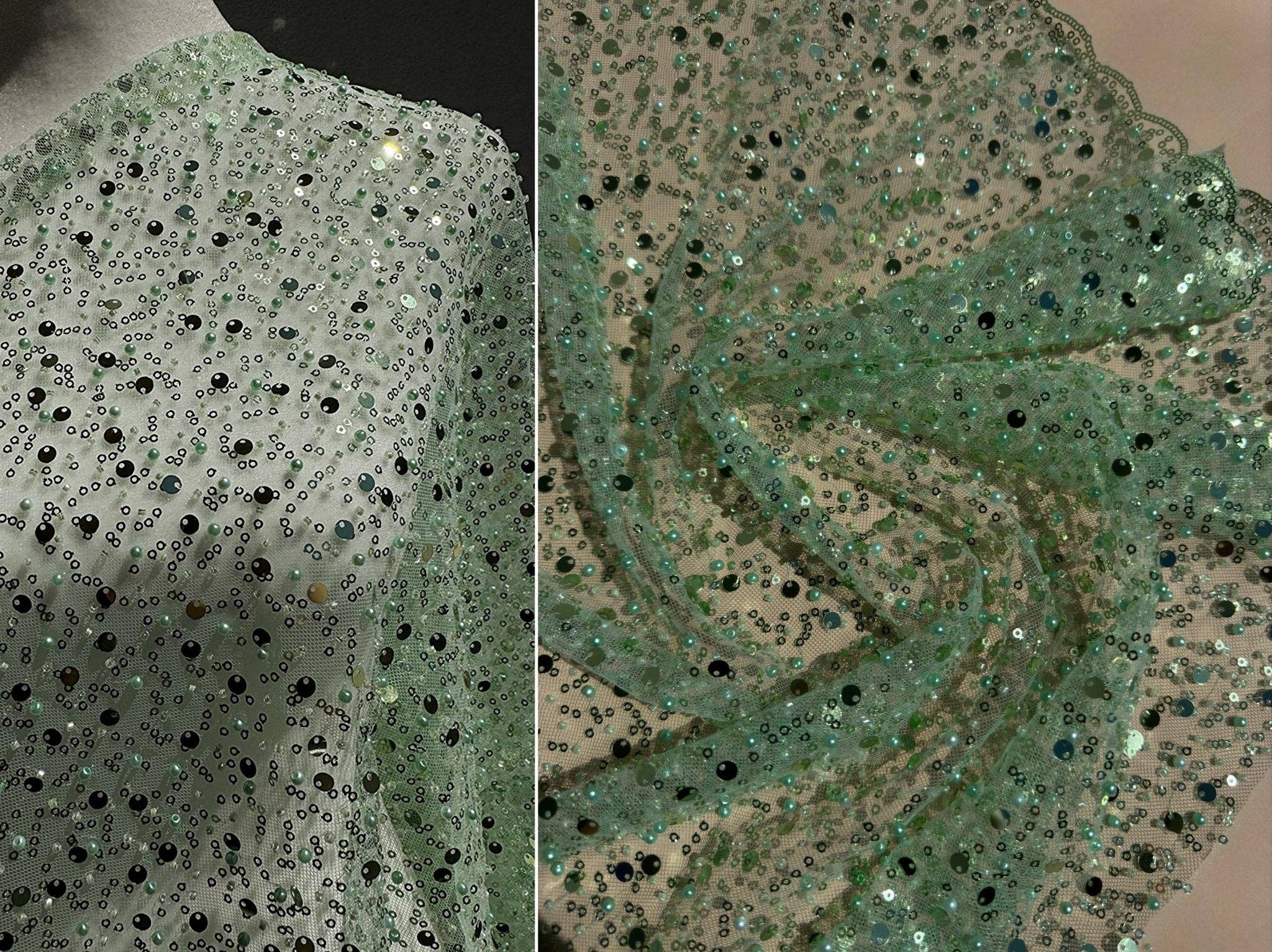 GalaTextile - Wholesale Craft Supplies - Sage Green Beaded Lace Fabric by Yard | Embroidered with Pearls & Sequins Mesh | Bridal Dresses, Gowns, Veils, Table Decor5