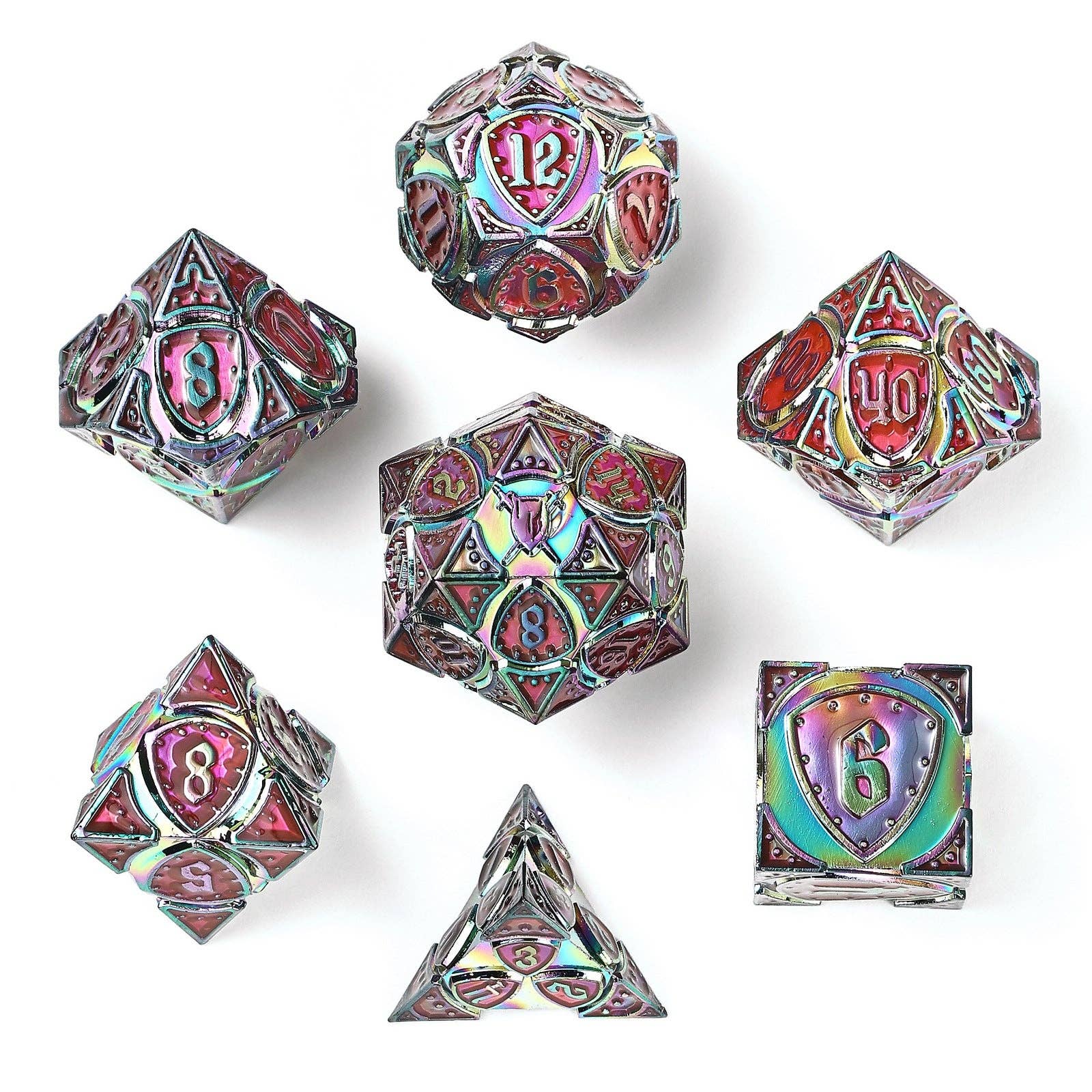 Hymgho Premium Dice - Wholesale Dice - Solid Metal Fighter Class RPG Dice Set - Rainbow w/UV Glow0