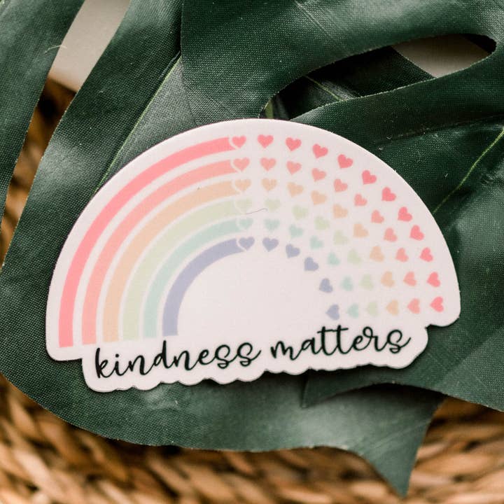 Kindness Matters Bright Rainbow Vinyl Sticker, 3x3 for wholesale by Savannah and James Co
