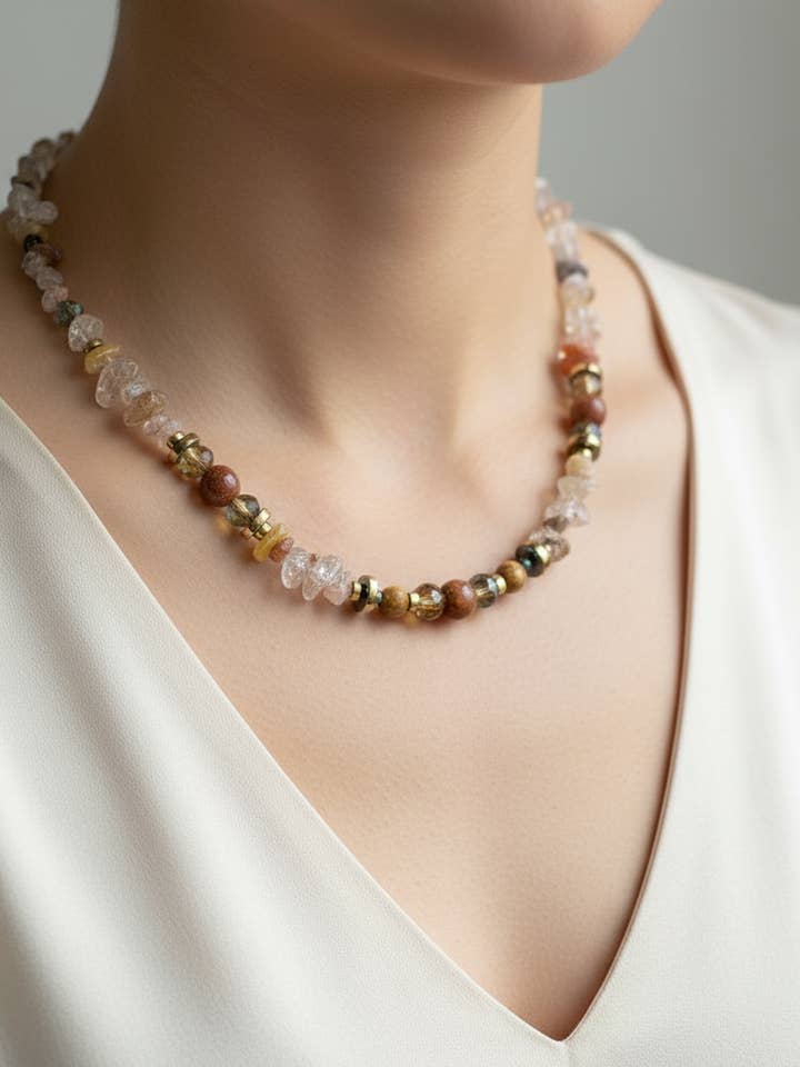 CST04 - Gemstone chip, Maifanite & Sandstone necklace - Natural tones for wholesale by Gist Jewellery