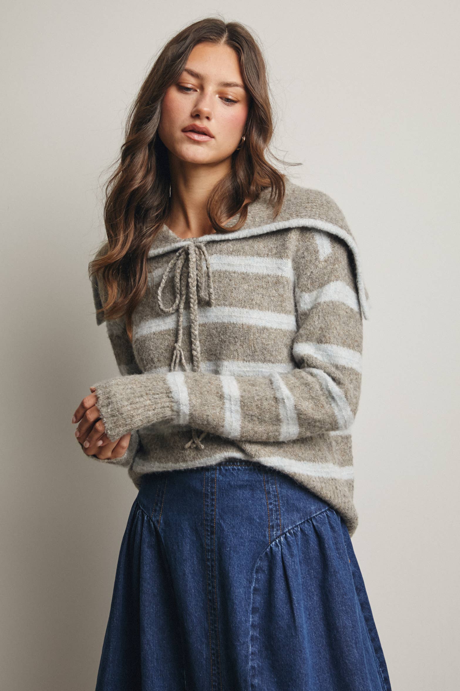 Forte - Vendita all'ingrosso Maglione tricot - Donna - Maglione a Maglia con Colletto da Marinaio a Righe FSW001226